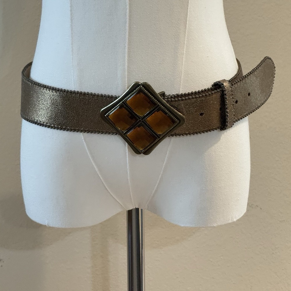 Wide Metallic Bronze Statement Belt Amber Faceted Buckle Boho Festival L